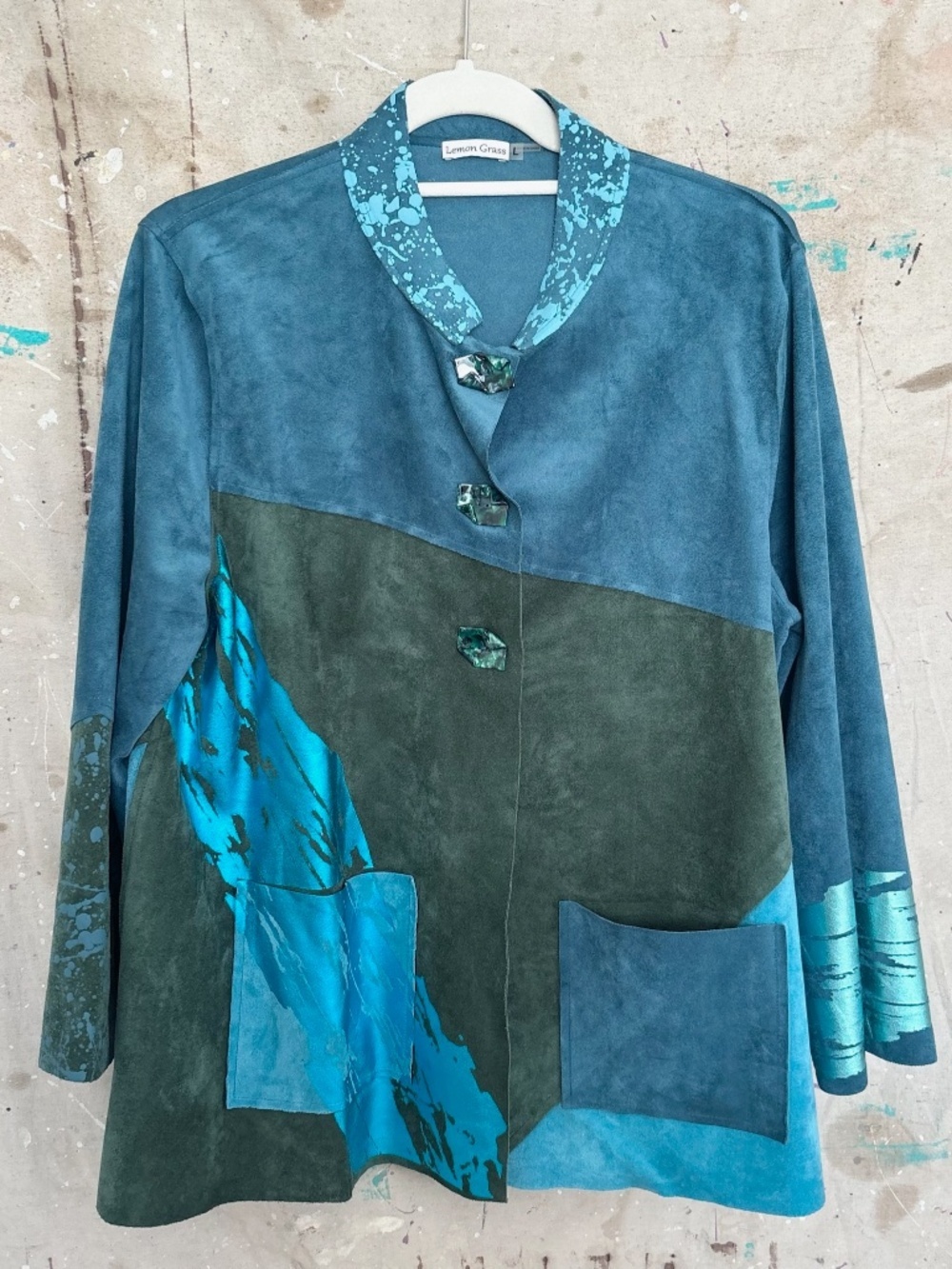 Lemon Grass Peacock Teal Hand Printed Jacket Art to Wear